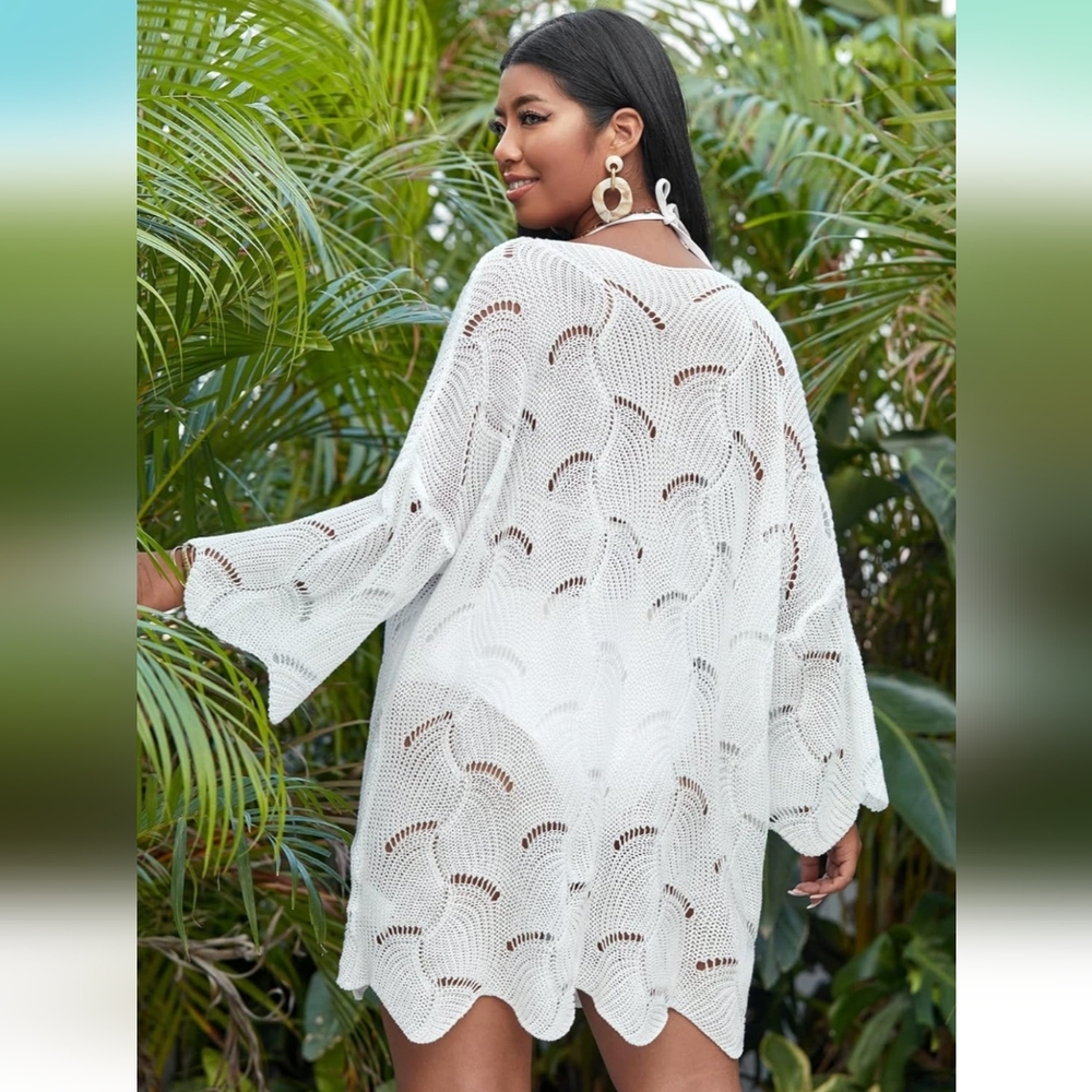 NWOT Women's Plus Size Swimsuit Crochet Cover Up Dress, 1X, White - Picture 2 of 6